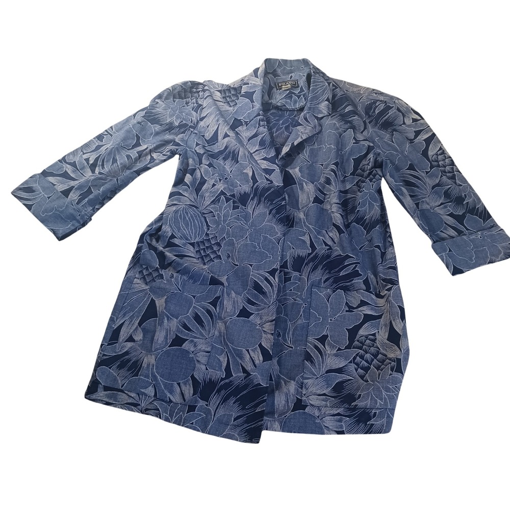 Prato Vintage Floral Pineapple Duster Jacket Womens 16 Blue USA Made Open Front